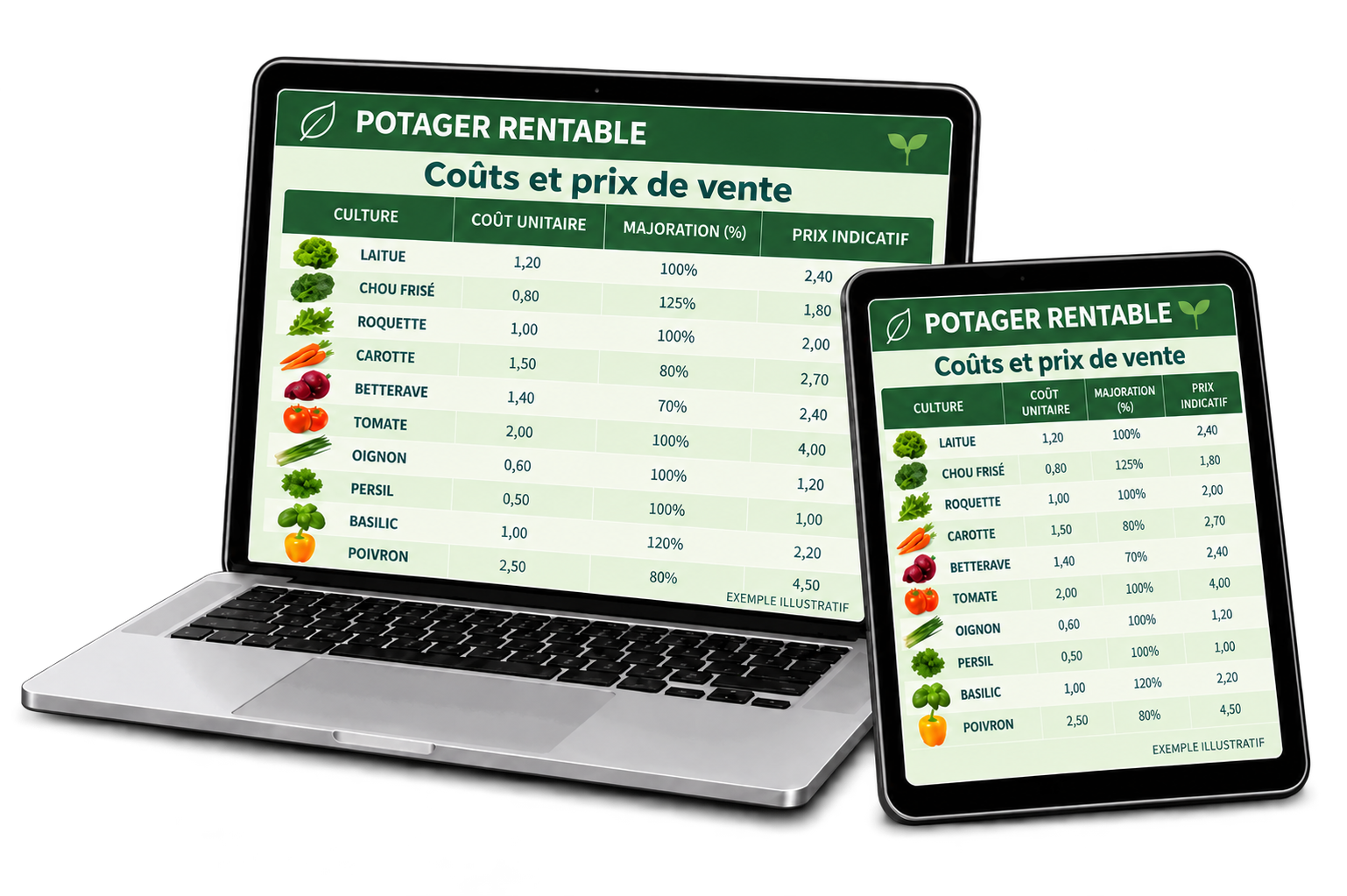 Coûts et prix de vente sur ordinateur et tablette